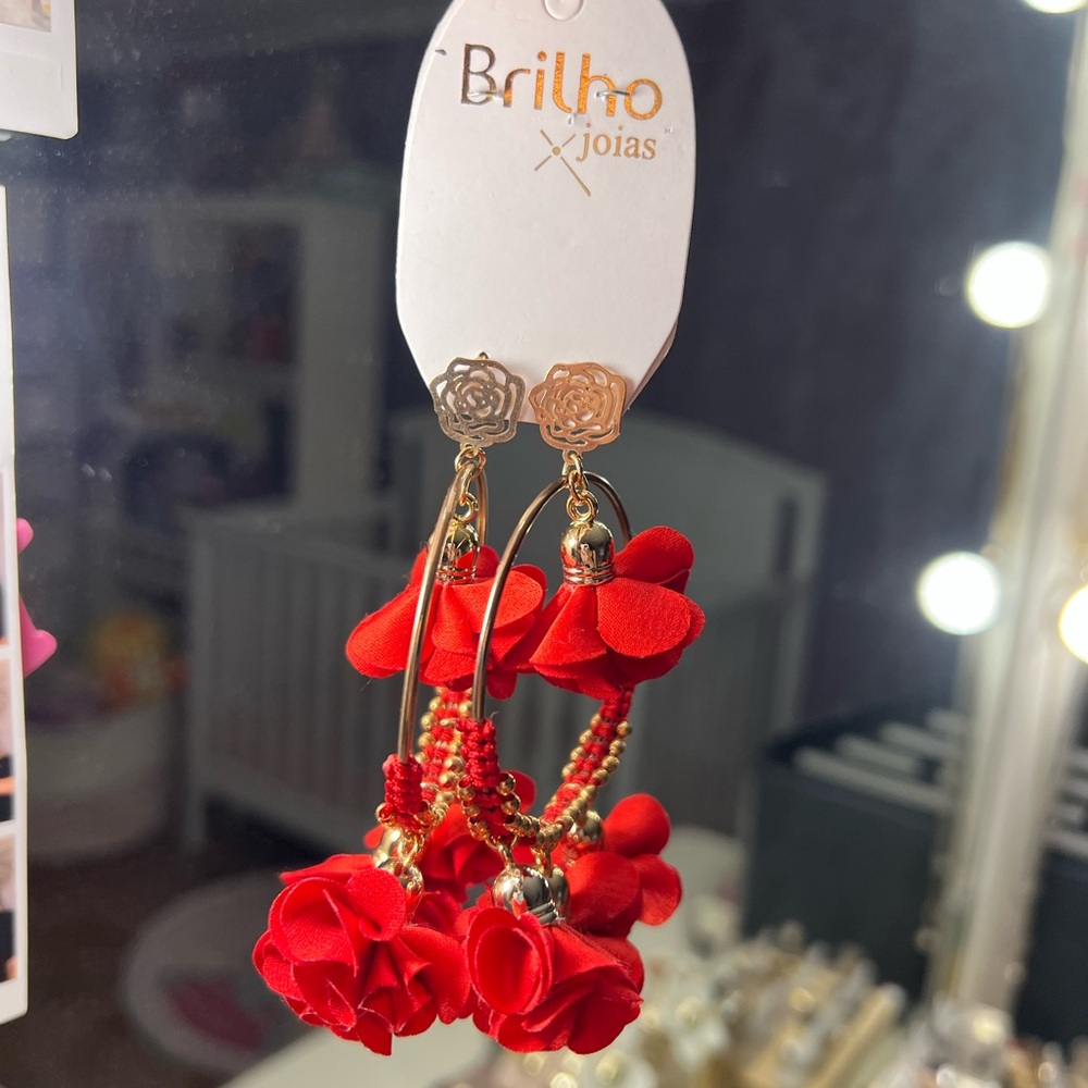 Red Flower Dangly Earrings